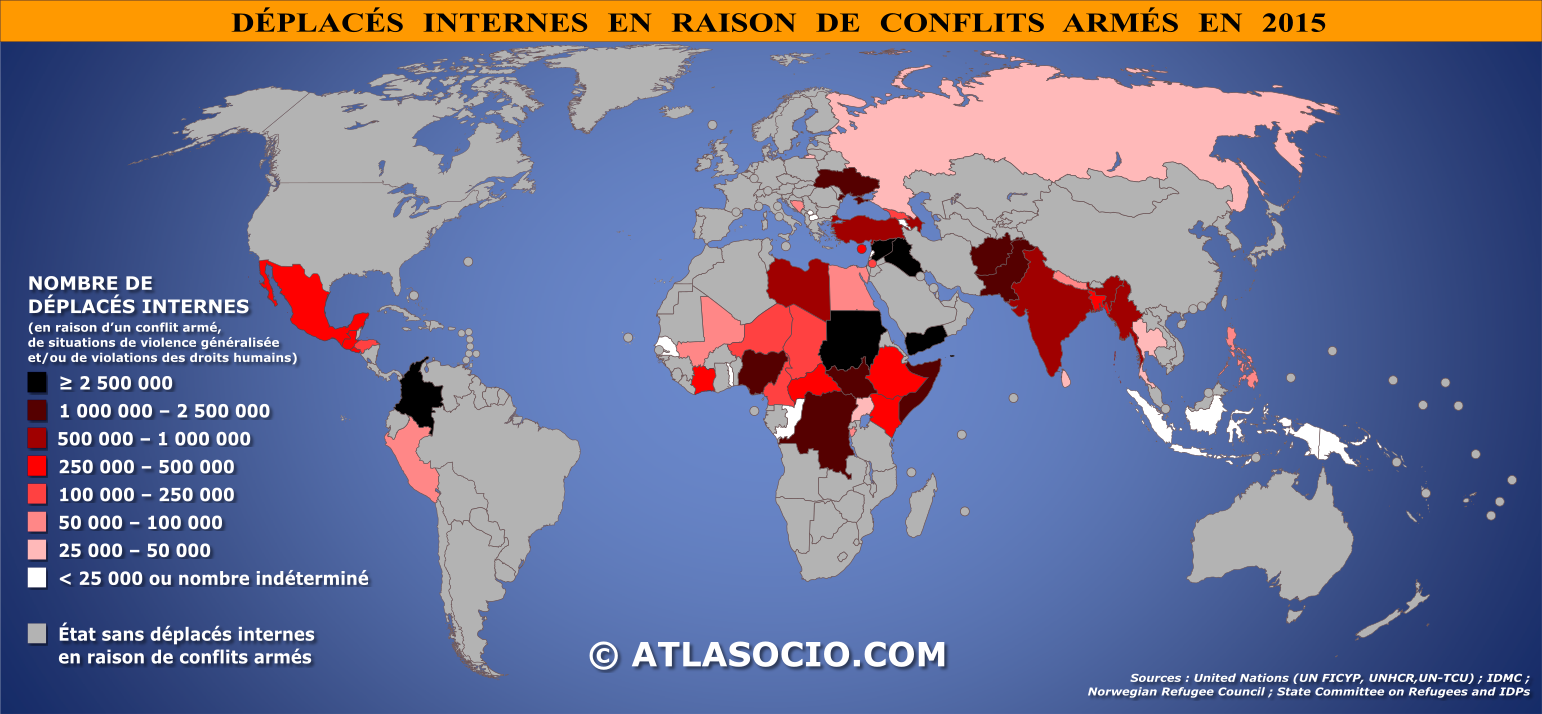 Carte du monde relative au nombre de déplacés internes en raison de conflits armés par État en 2015