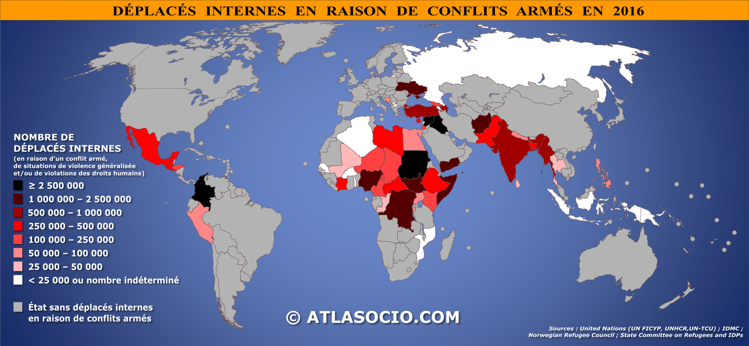 Carte du monde des déplacés internes en raison de conflits armés par État et territoire en 2016.