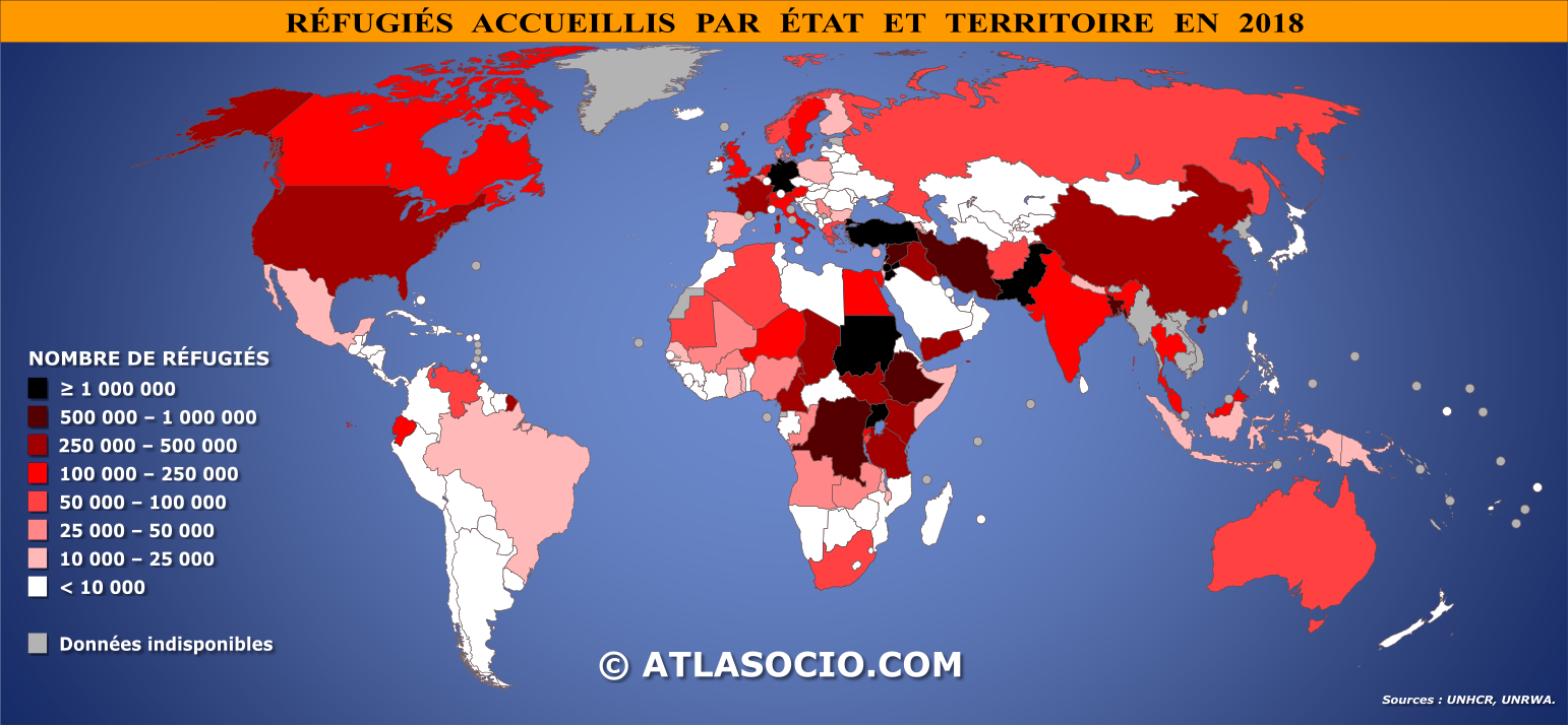 Carte du monde des réfugiés et demandes d'asile par État et territoire en 2015.