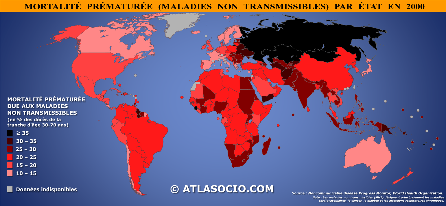 Carte du monde relative à la mortalité prématurée due aux maladies non transmissibles par État en 2000