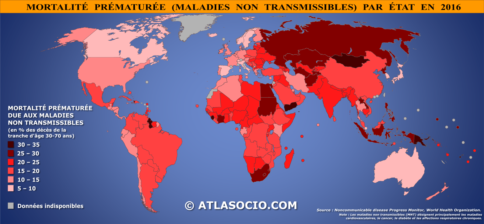 Carte du monde relative à la mortalité prématurée due aux maladies non transmissibles par État en 2016