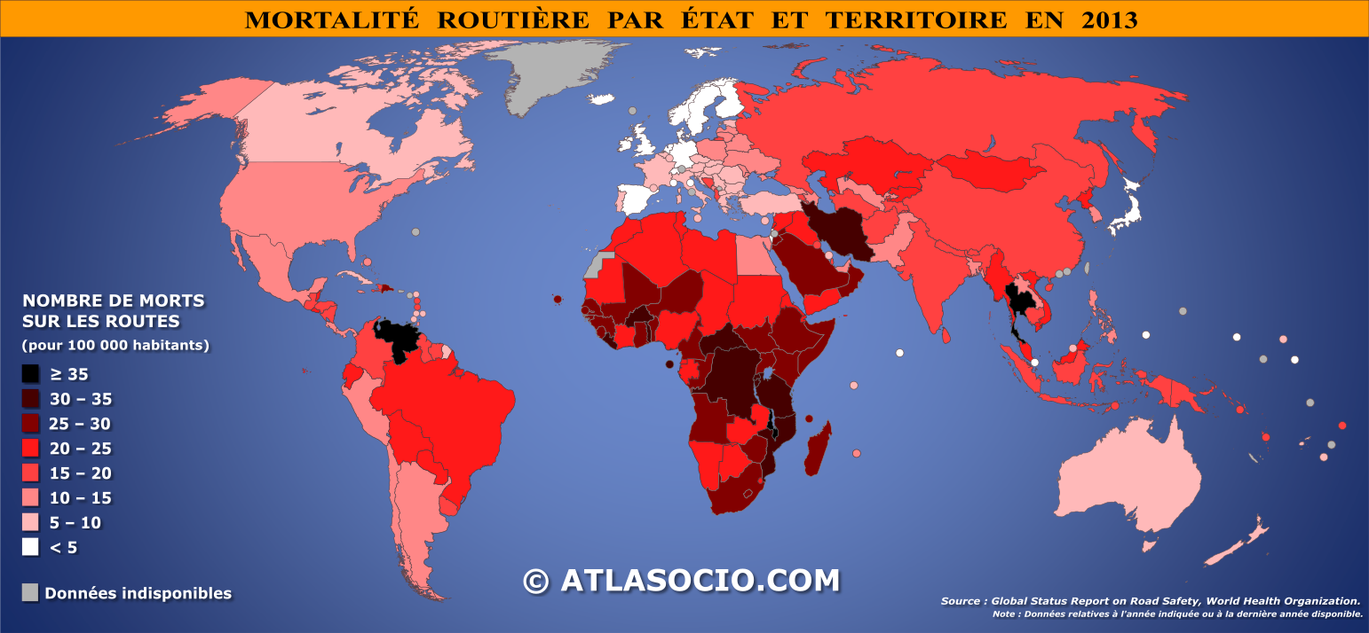 Carte du monde relative à la mortalité routière par État en 2013