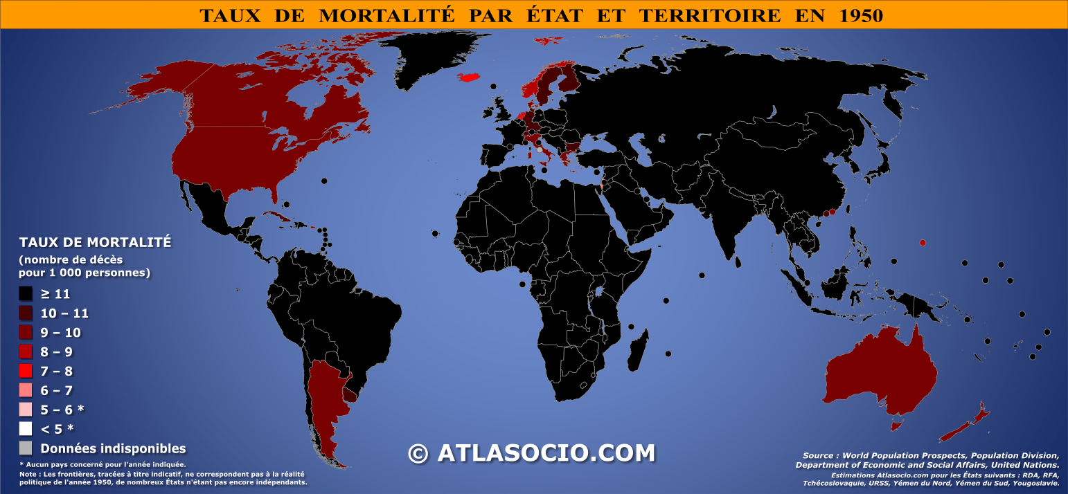 Carte du monde relative au taux de mortalité par État en 1950