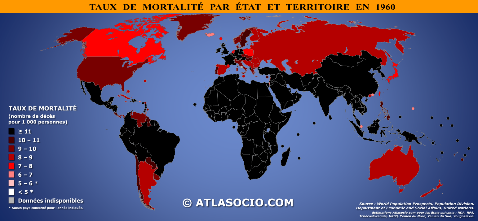 Carte du monde relative au taux de mortalité par État en 1960