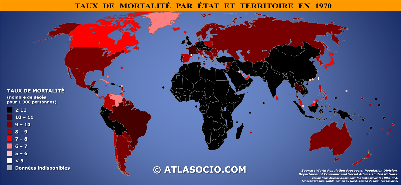 Carte du monde relative au taux de mortalité par État en 1970
