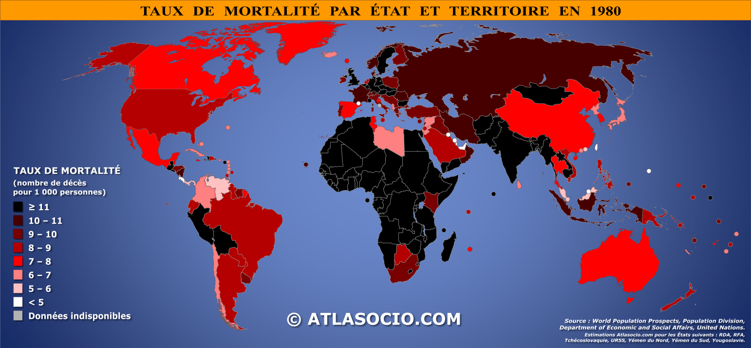 Carte du monde relative au taux de mortalité par État en 1980