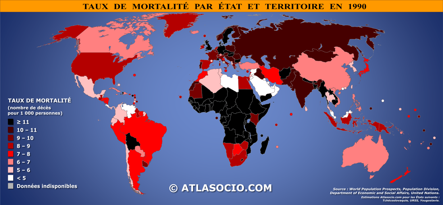 Carte du monde relative au taux de mortalité par État en 1990