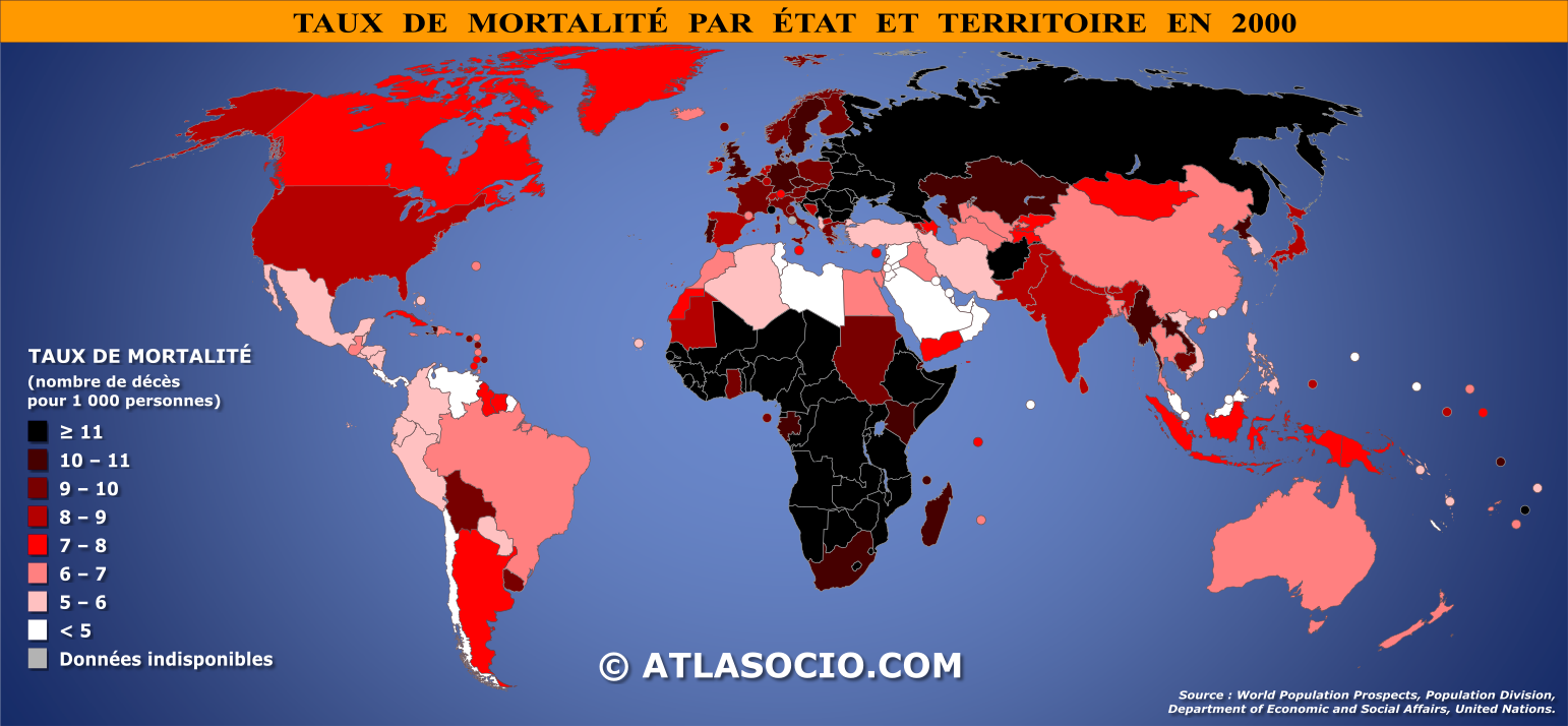 Carte du monde relative au taux de mortalité par État en 2000