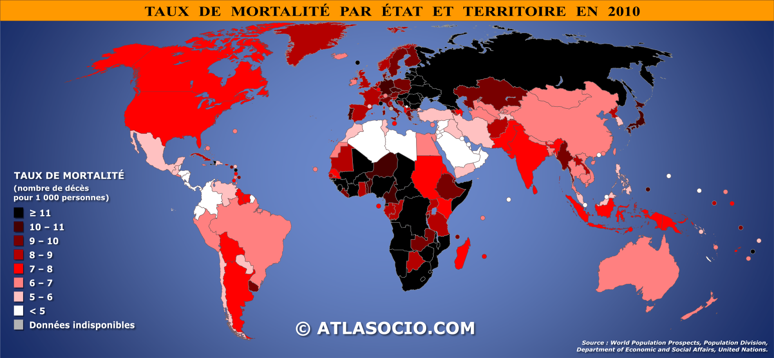 Carte du monde relative au taux de mortalité par État en 2010