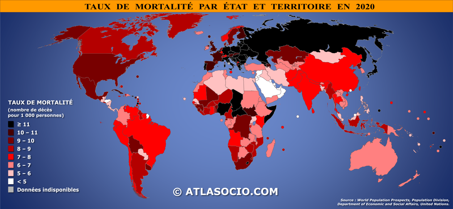 Carte du monde relative au taux de mortalité par État en 2020
