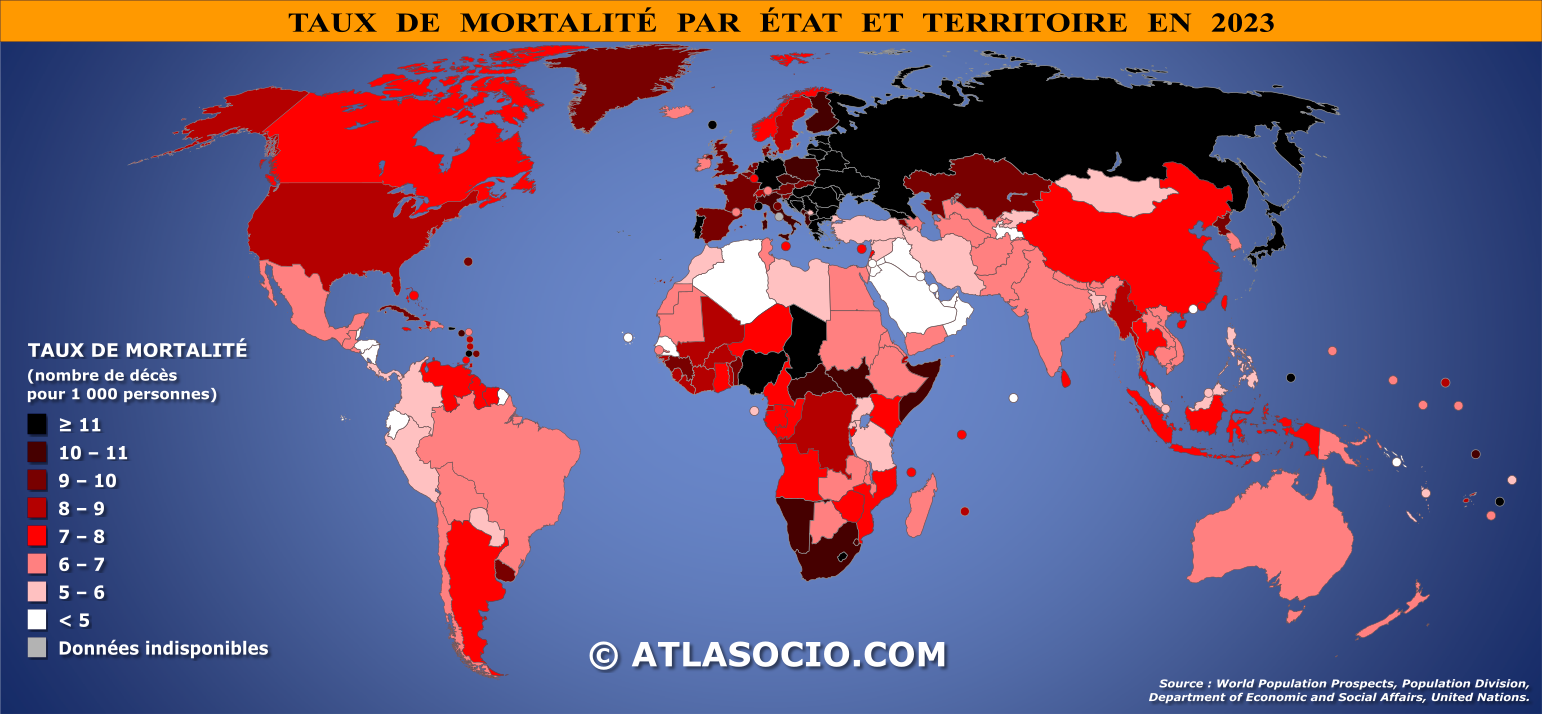 Carte du monde relative au taux de mortalité par État en 2023