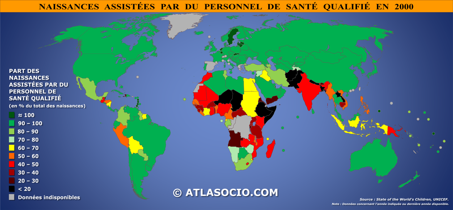 Carte du monde relative aux naissances assistées par du personnel de santé en 2000