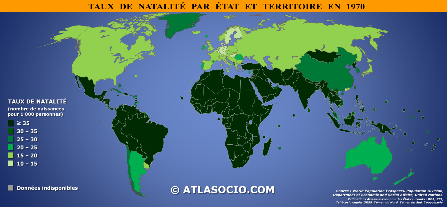 Carte du monde relative au taux de natalité par État en 1970