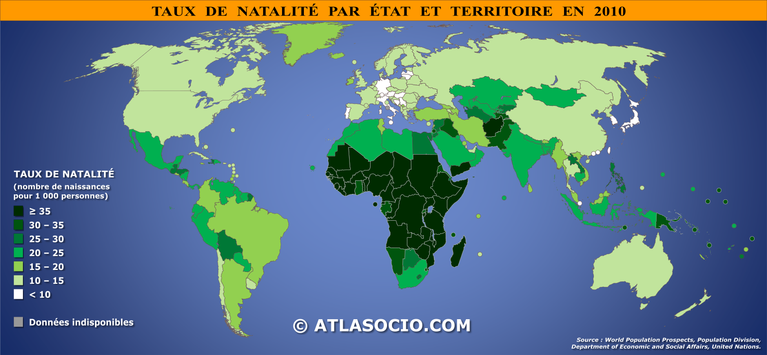Carte du monde relative au taux de natalité par État en 2010