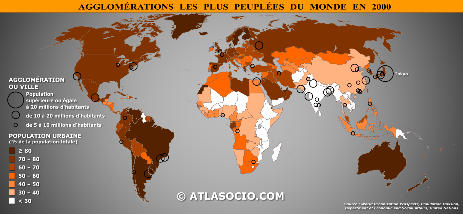 Carte du monde des agglomérations les plus peuplées avec taux d'urbanisation 2000