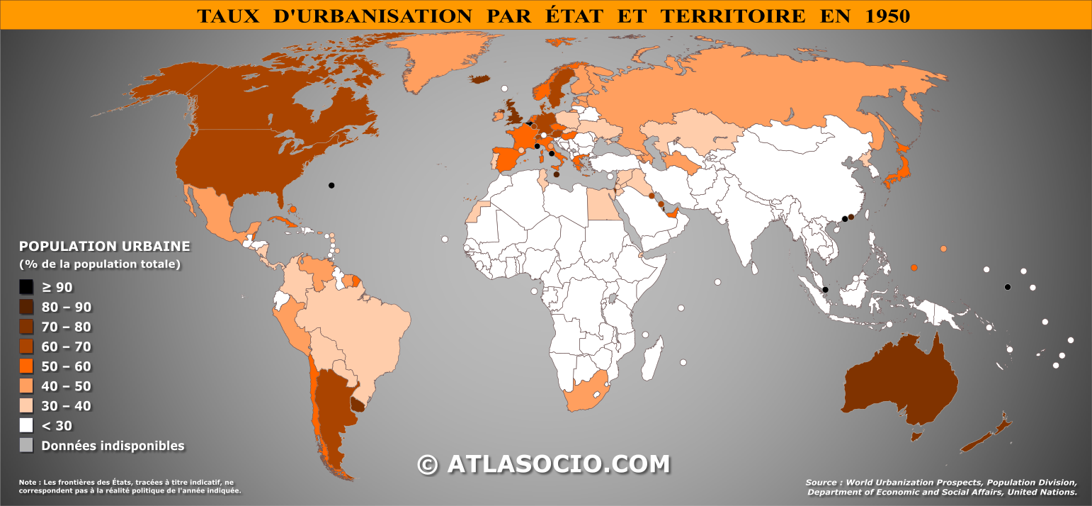 Carte du monde relative au taux d'urbanisation par État en 1950