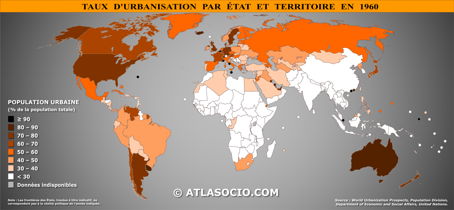 Carte du monde relative au taux d'urbanisation par État en 1960