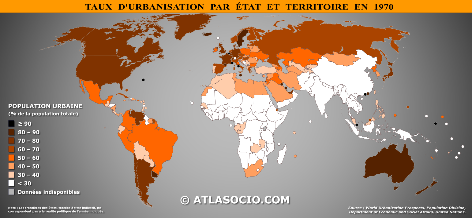 Carte du monde relative au taux d'urbanisation par État en 1970