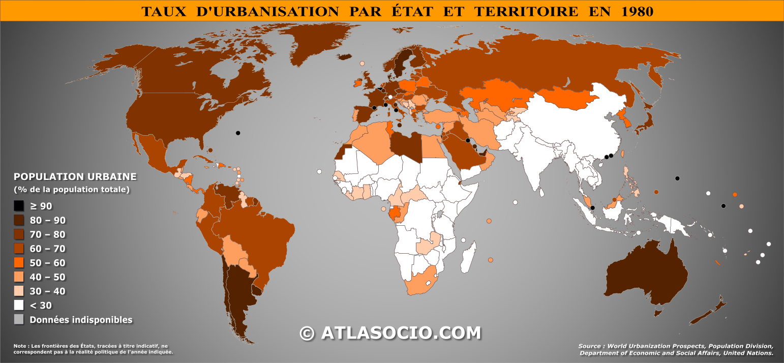Carte du monde relative au taux d'urbanisation par État en 1980