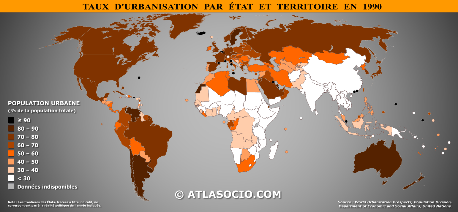Carte du monde relative au taux d'urbanisation par État en 1990