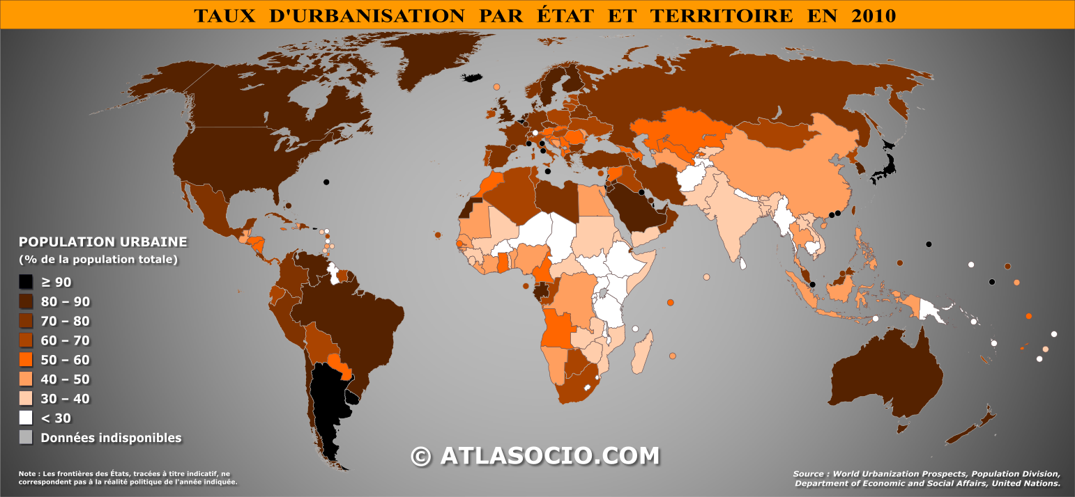 Carte du monde relative au taux d'urbanisation par État en 2010