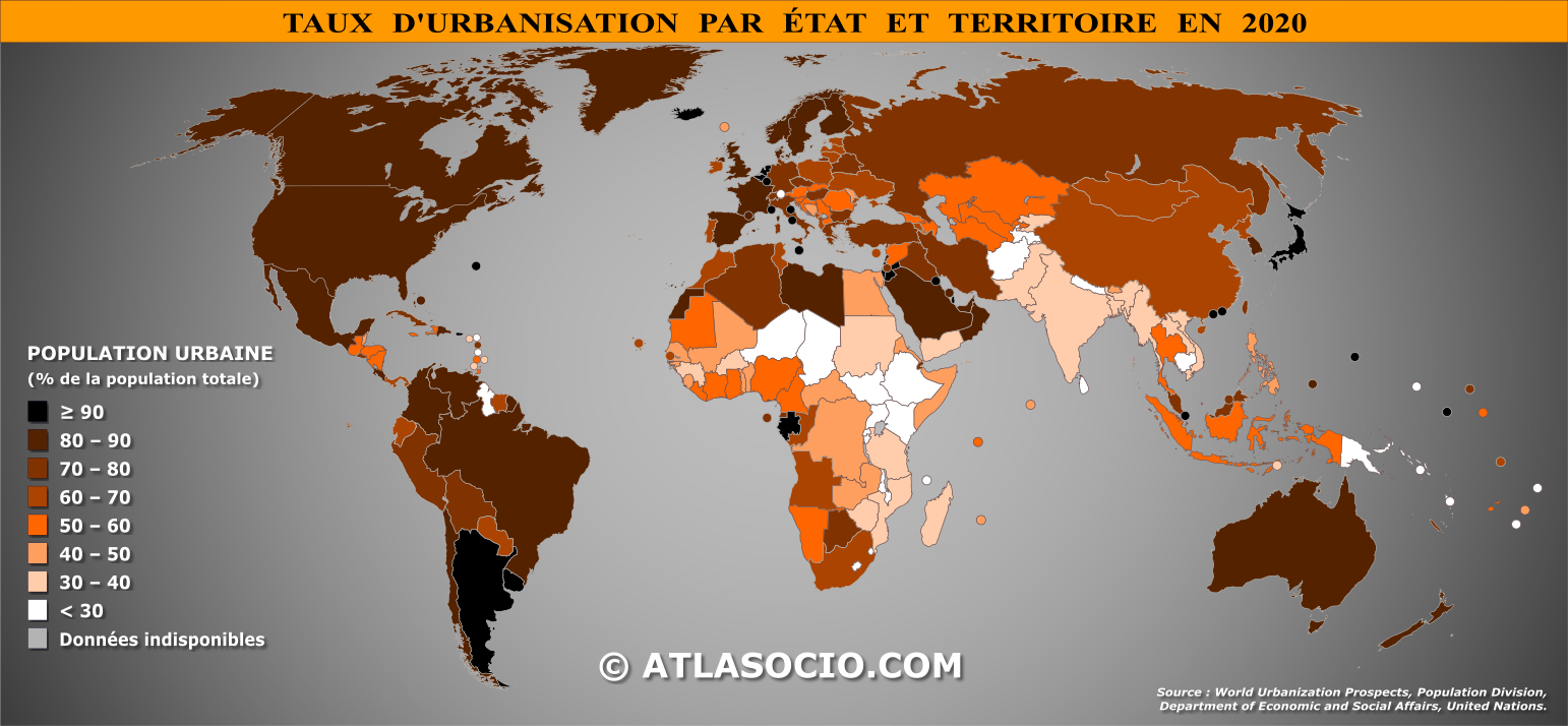 Carte du monde relative au taux d'urbanisation par État en 2020