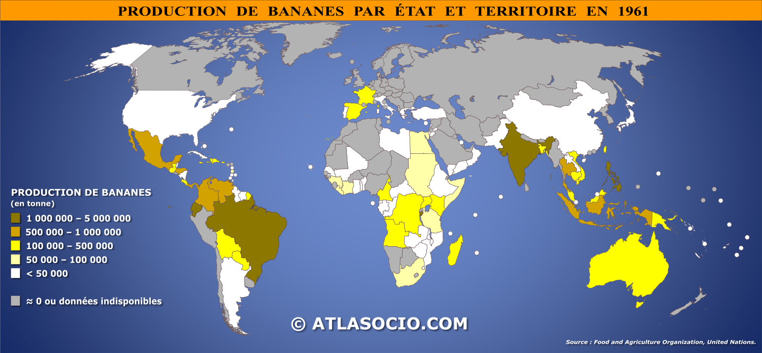 Carte du monde relative à la production de bananes par État en 1961