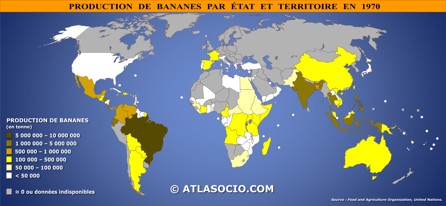 Carte du monde relative à la production de bananes par État en 1970