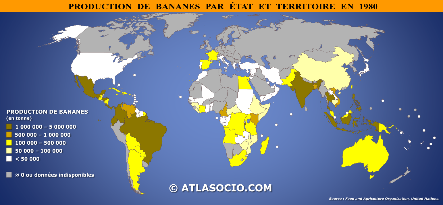 Carte du monde relative à la production de bananes par État en 1980