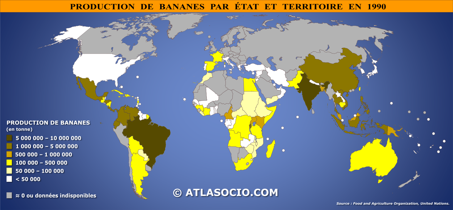 Carte du monde relative à la production de bananes par État en 1990