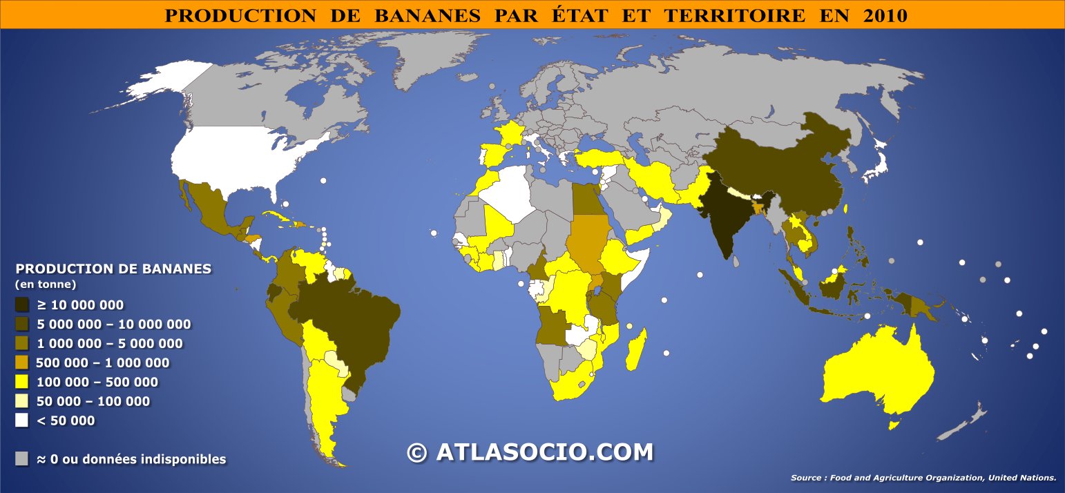 Carte du monde relative à la production de bananes par État en 2010