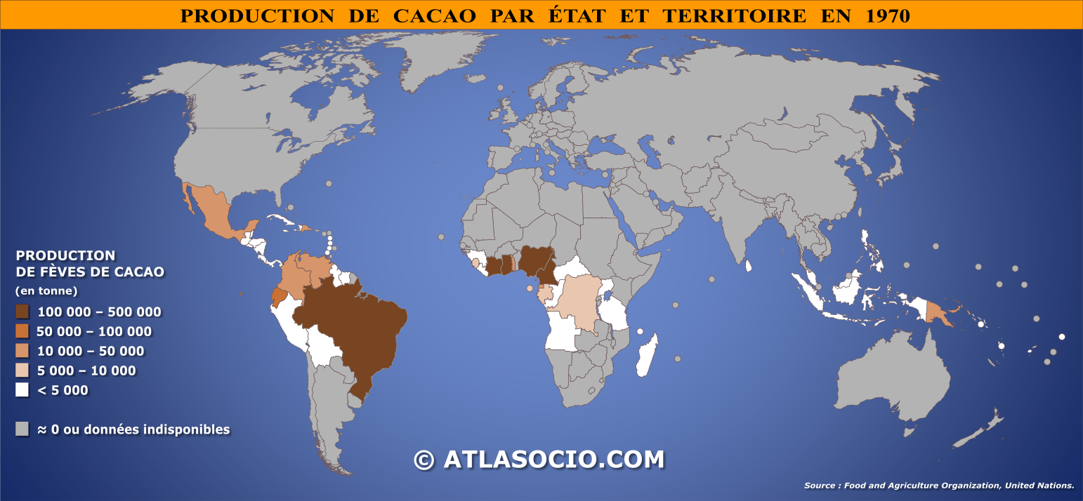 Carte du monde relative à la production de cacao (fèves) par État en 1970