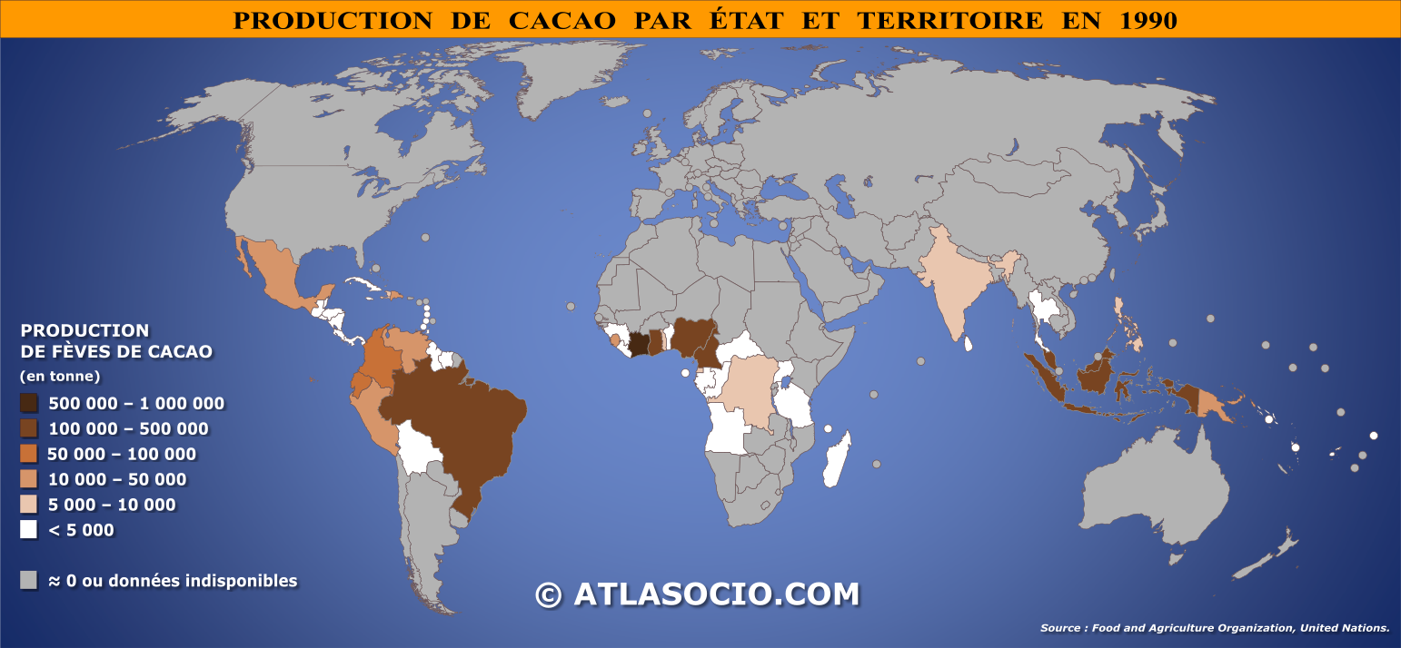 Carte du monde relative à la production de cacao (fèves) par État en 1990