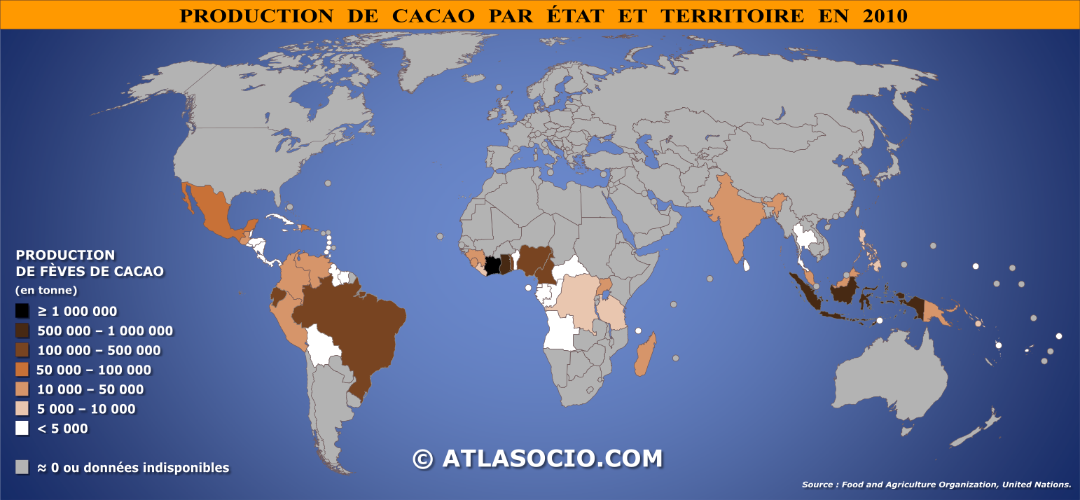 Carte du monde relative à la production de cacao (fèves) par État en 2010