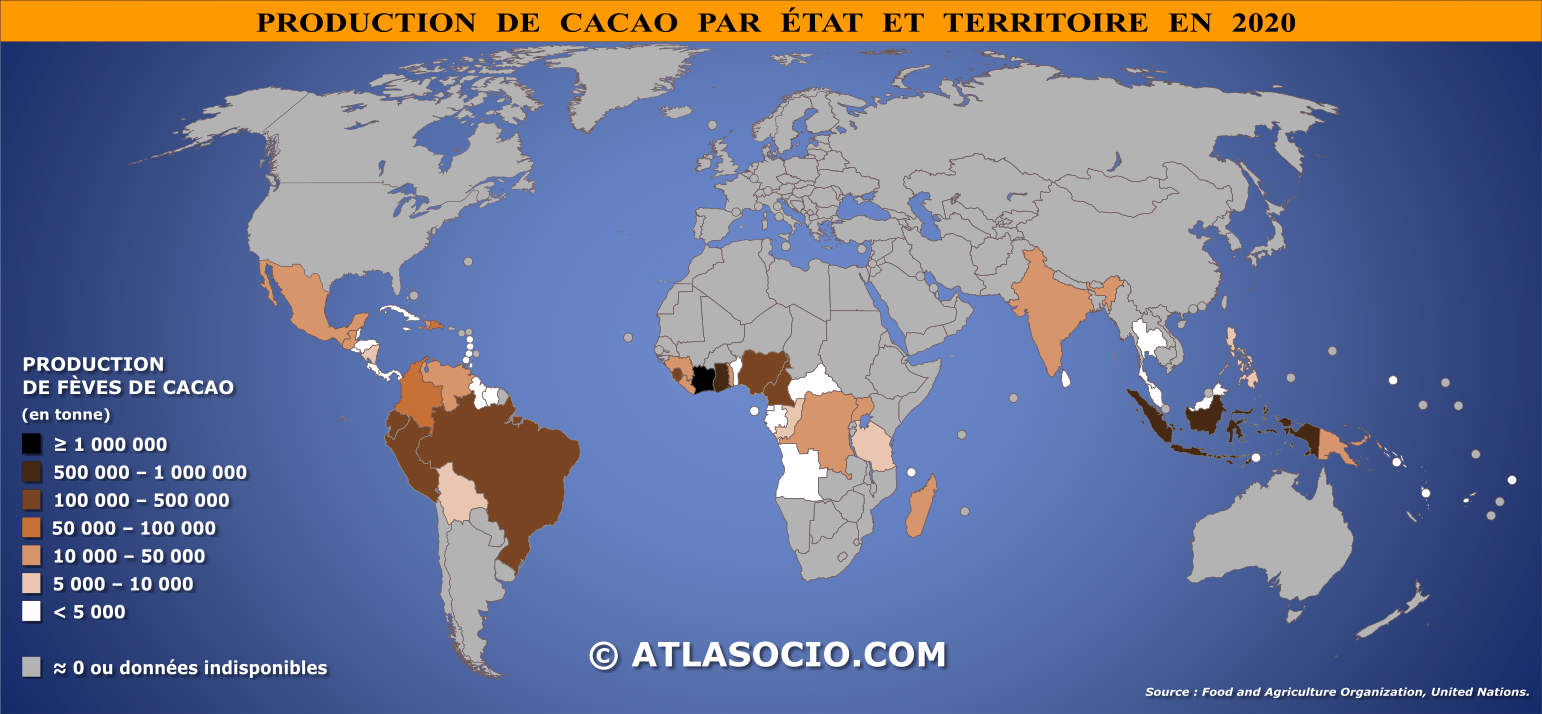 Carte du monde relative à la production de cacao (fèves) par État en 2020