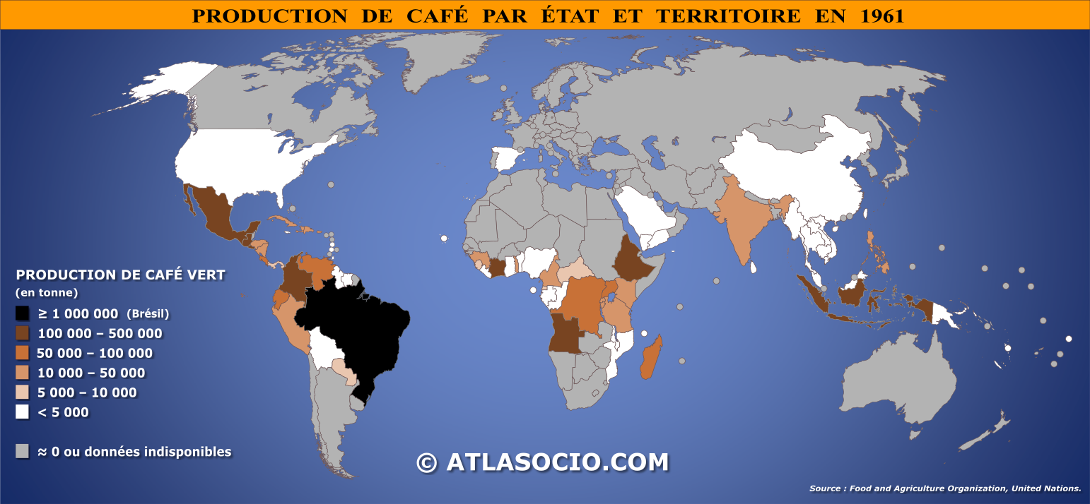 Carte du monde relative à la production de café vert par État en 1961