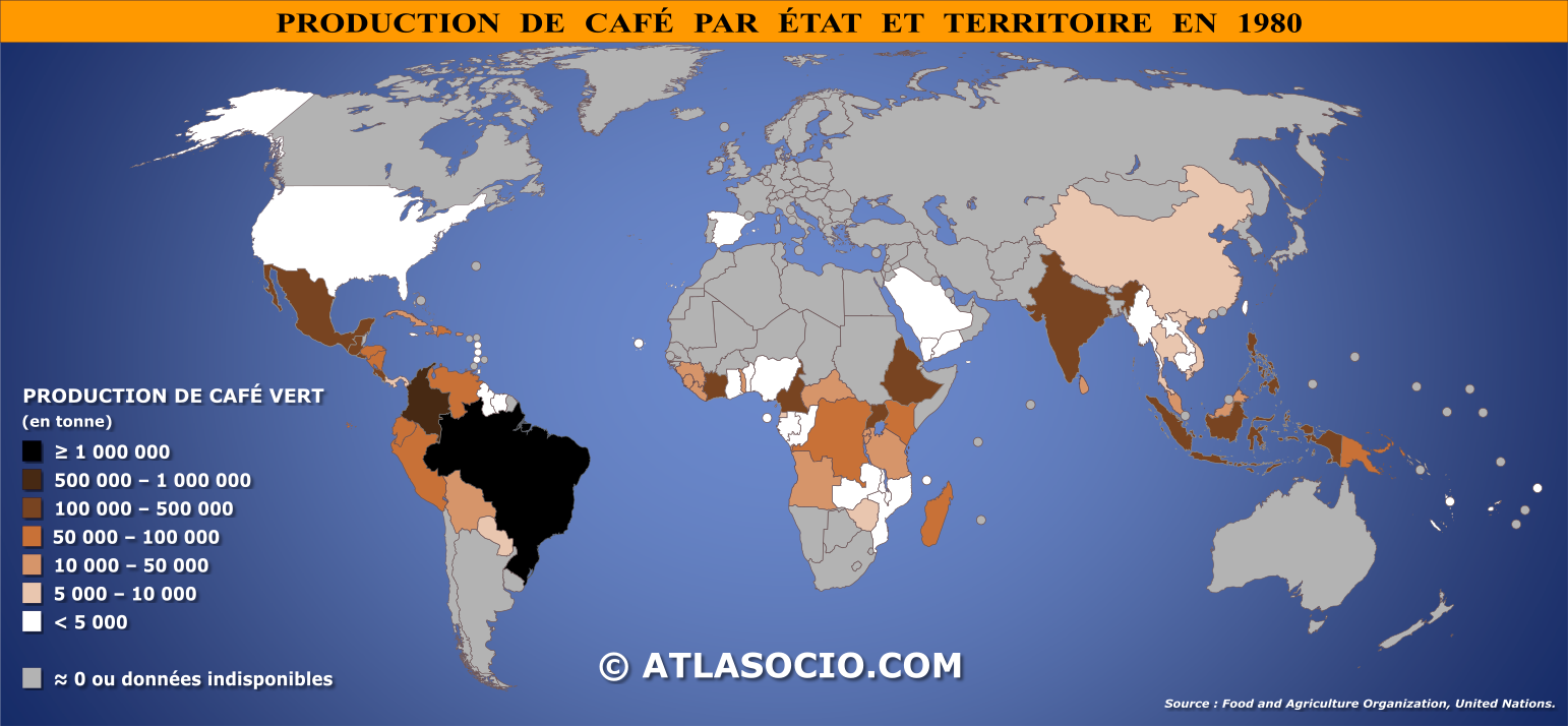 Carte du monde relative à la production de café vert par État en 1980