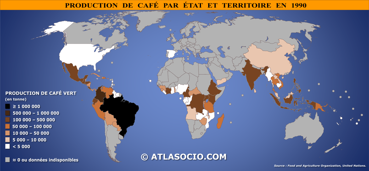 Carte du monde relative à la production de café vert par État en 1990