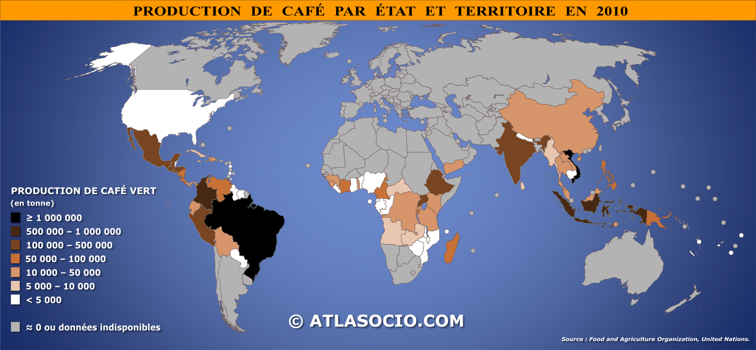 Carte du monde relative à la production de café vert par État en 2010