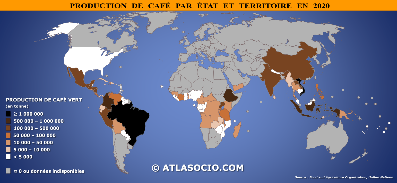 Carte du monde relative à la production de café vert par État en 2020