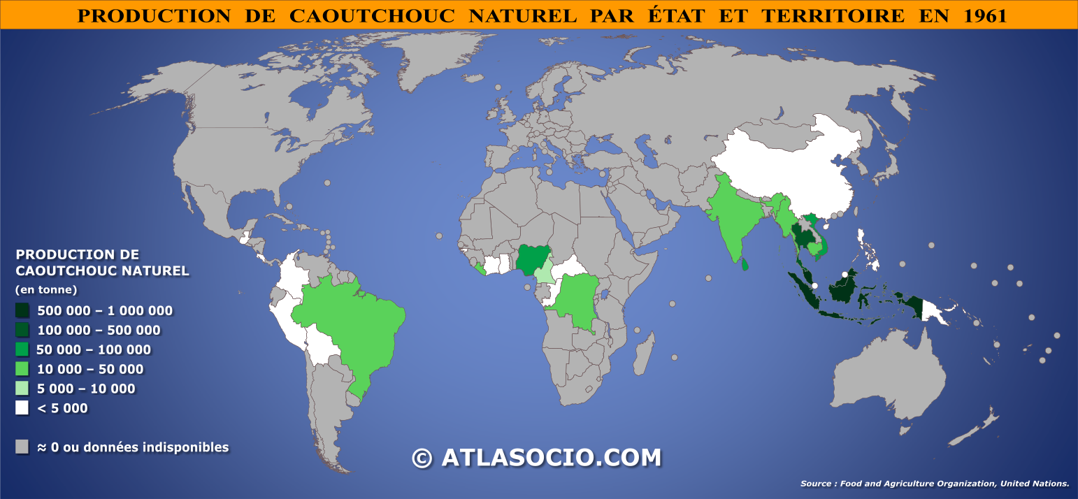 Carte du monde relative à la production de caoutchouc naturel par État en 1961