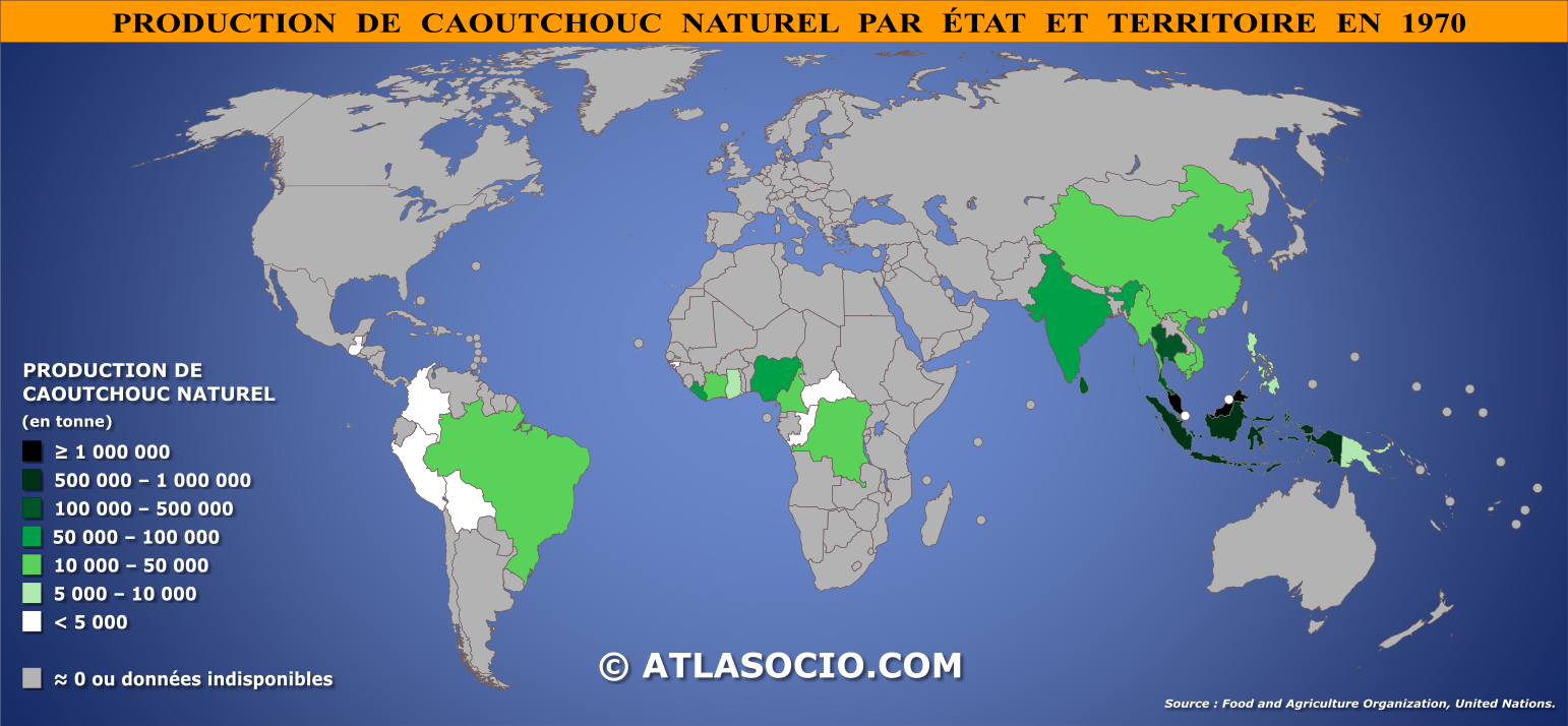 Carte du monde relative à la production de caoutchouc naturel par État en 1970