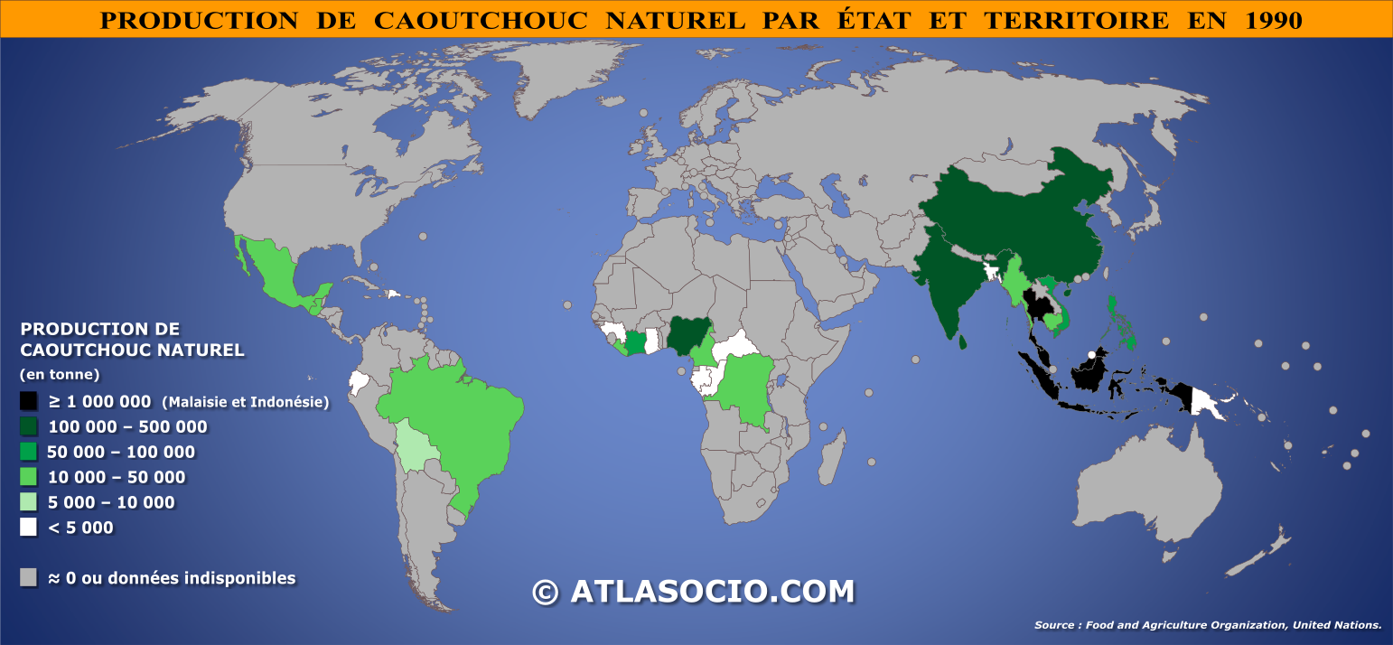 Carte du monde relative à la production de caoutchouc naturel par État en 1990