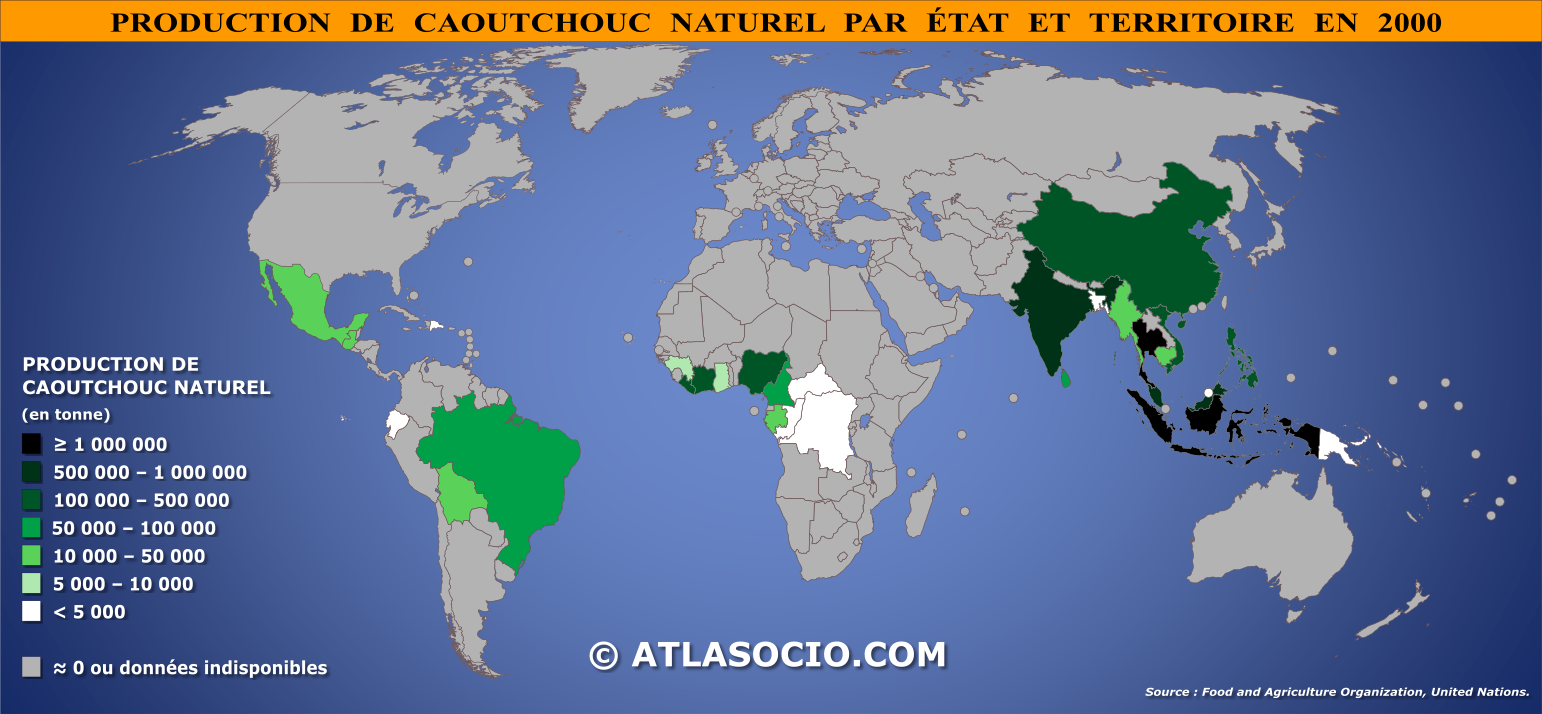 Carte du monde relative à la production de caoutchouc naturel par État en 2000
