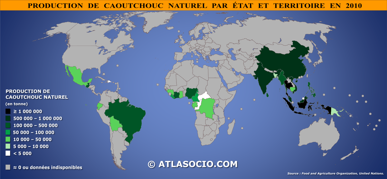 Carte du monde relative à la production de caoutchouc naturel par État en 2010