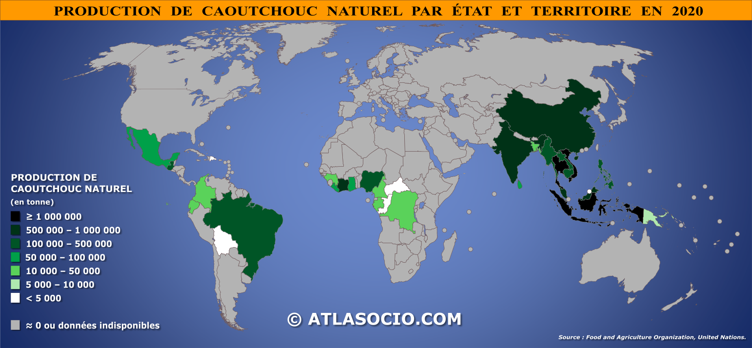 Carte du monde relative à la production de caoutchouc naturel par État en 2020