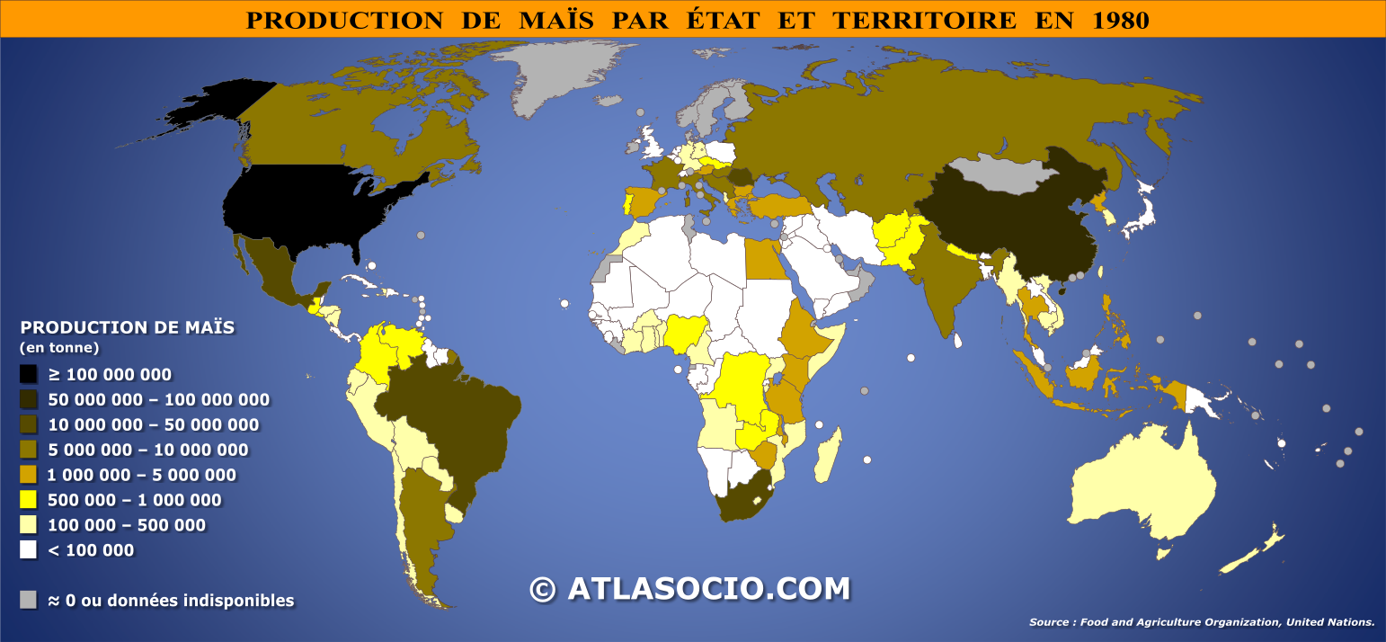 Carte du monde relative à la production de maïs par État en 1980