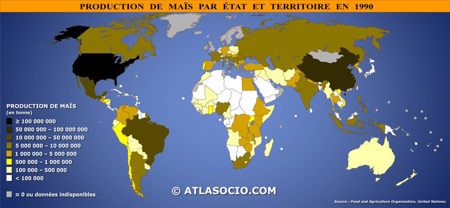 Carte du monde relative à la production de maïs par État en 1990
