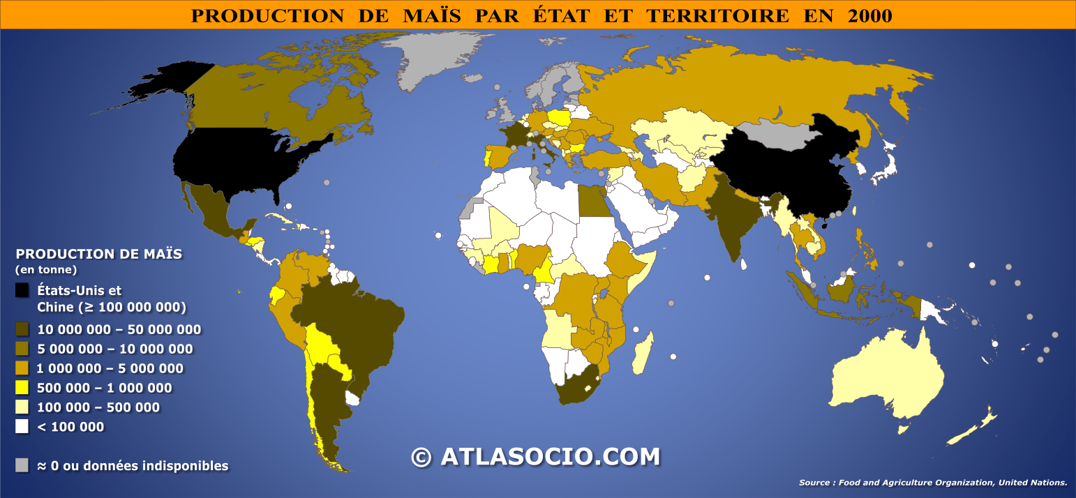 Carte du monde relative à la production de maïs par État en 2000