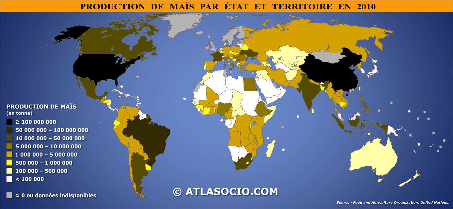 Carte du monde relative à la production de maïs par État en 2010